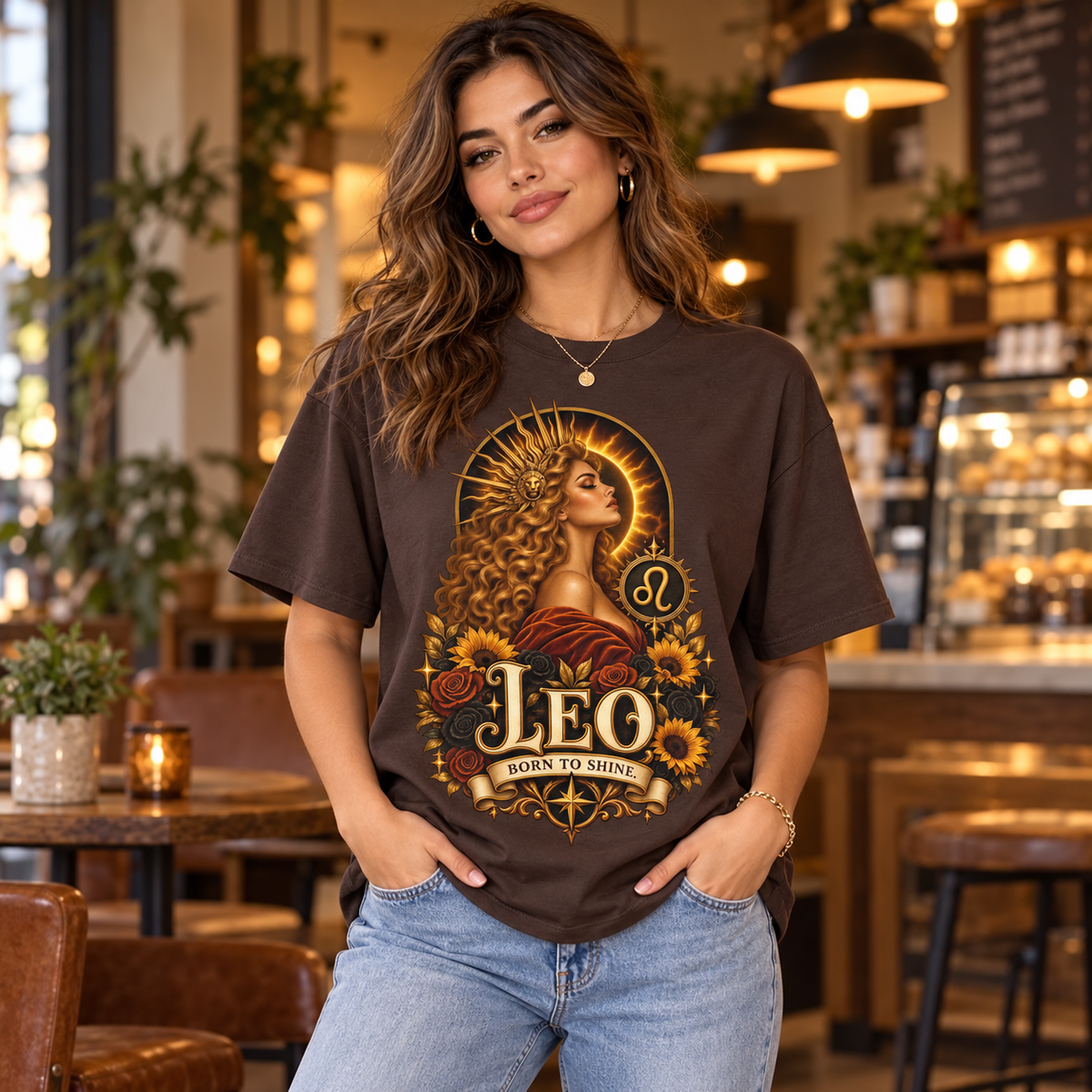 Leo Born to Shine Women's T-Shirt – Dark in Dark Chocolate, model indoors in a stylish warm coffee shop