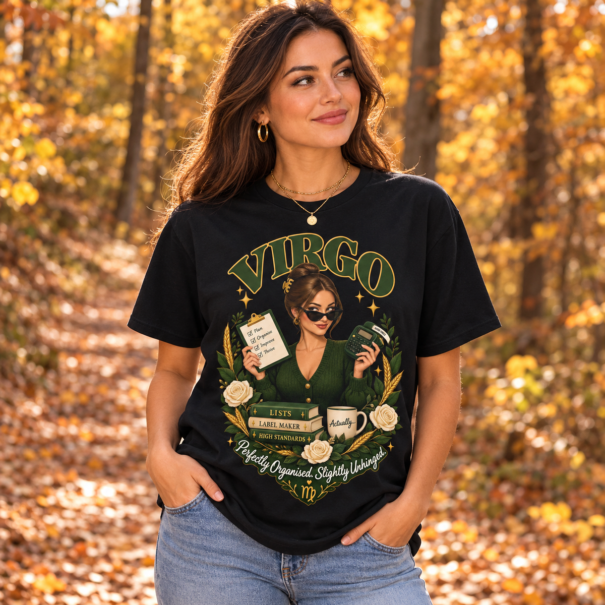 Virgo Perfectly Organised Women's T-Shirt – Forest & Gold in Black, model on an autumn woodland path