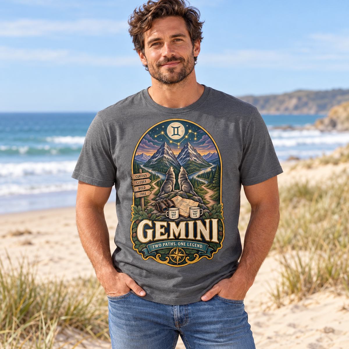 Gemini Two Paths One Legend Men's T-Shirt in Graphite Heather, model at a sandy beach with sea and dunes