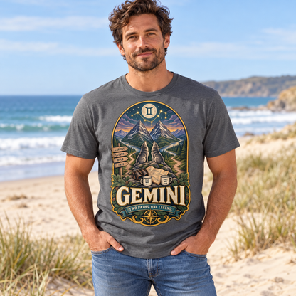 Gemini Two Paths One Legend Men's T-Shirt in Graphite Heather, model at a sandy beach with sea and dunes
