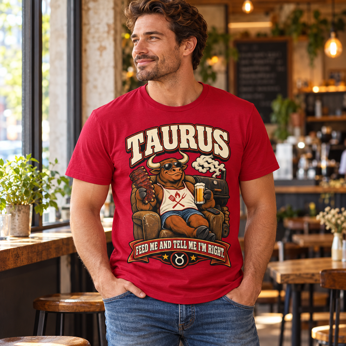 Taurus Feed Me and Tell Me I'm Right Men's T-Shirt in Cherry Red, model inside a stylish warm independent cafe beside a window