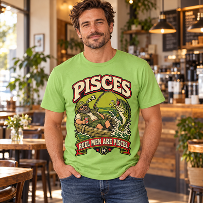 Pisces Reel Men Are Pisces Men's T-Shirt in Kiwi, model indoors in a warm stylish cafe