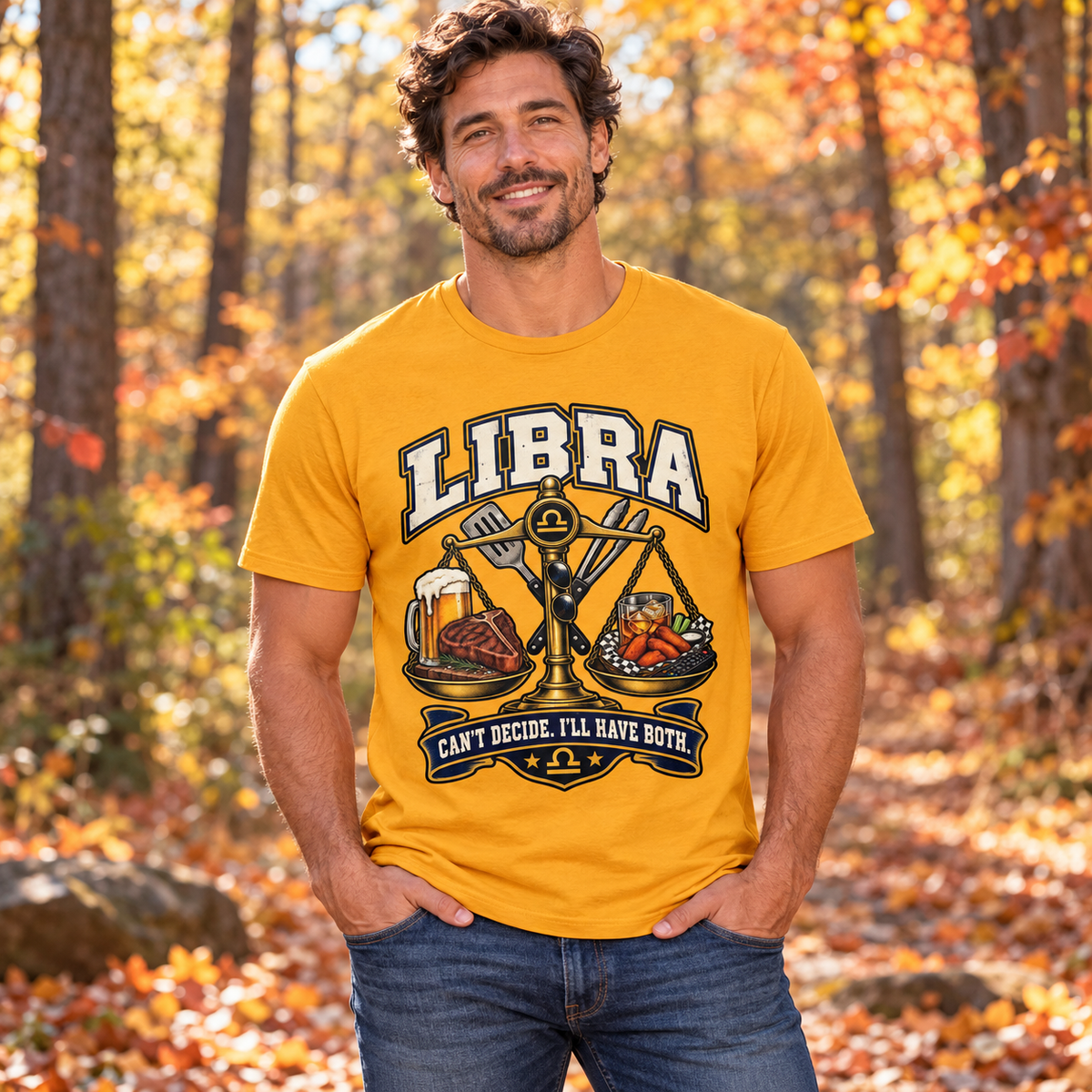 Libra Can't Decide I'll Have Both Men's T-Shirt in Gold, model outdoors in an autumn woodland park