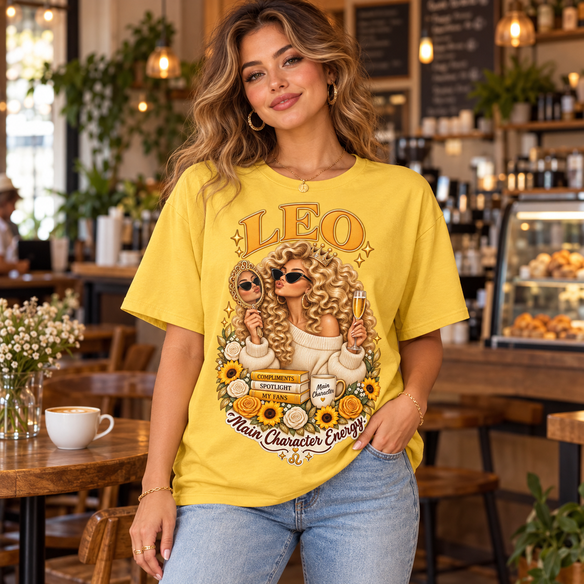 Leo Main Character Energy Women's T-Shirt – Light in Daisy, model indoors in a stylish warm coffee shop