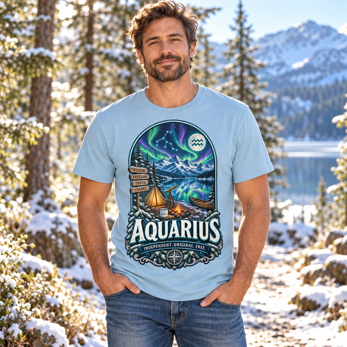 Aquarius Independent Original Free Men's T-Shirt, model wearing the original design in a sunny frosty woodland path outdoors.