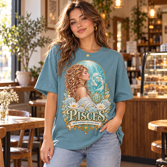 Pisces Deep Waters Gentle Soul Women's T-Shirt – Light in Stone Blue, model indoors in a warm stylish cafe