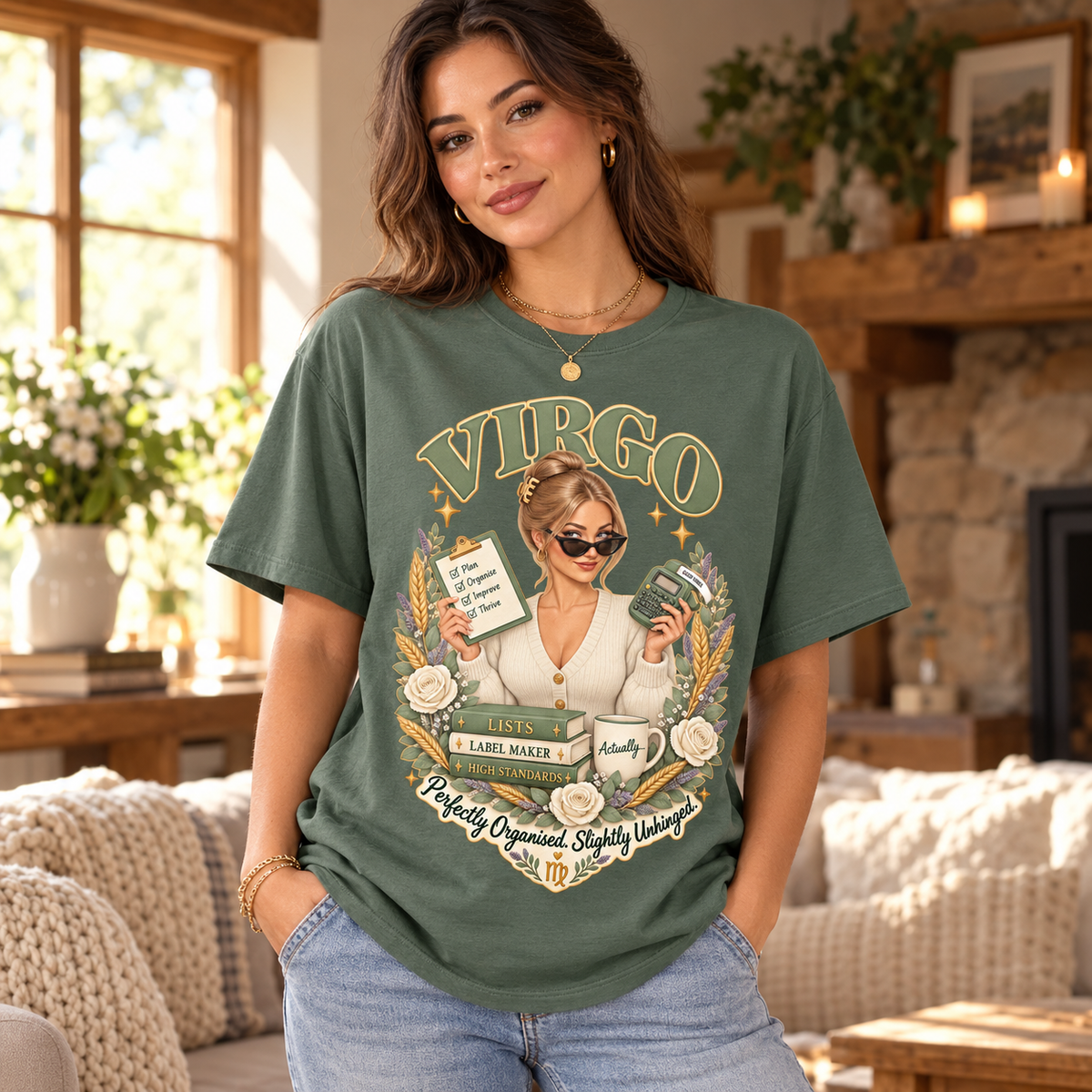 Virgo Perfectly Organised Women's T-Shirt – Sage & Cream in Heather Military Green, model inside a cosy cottage