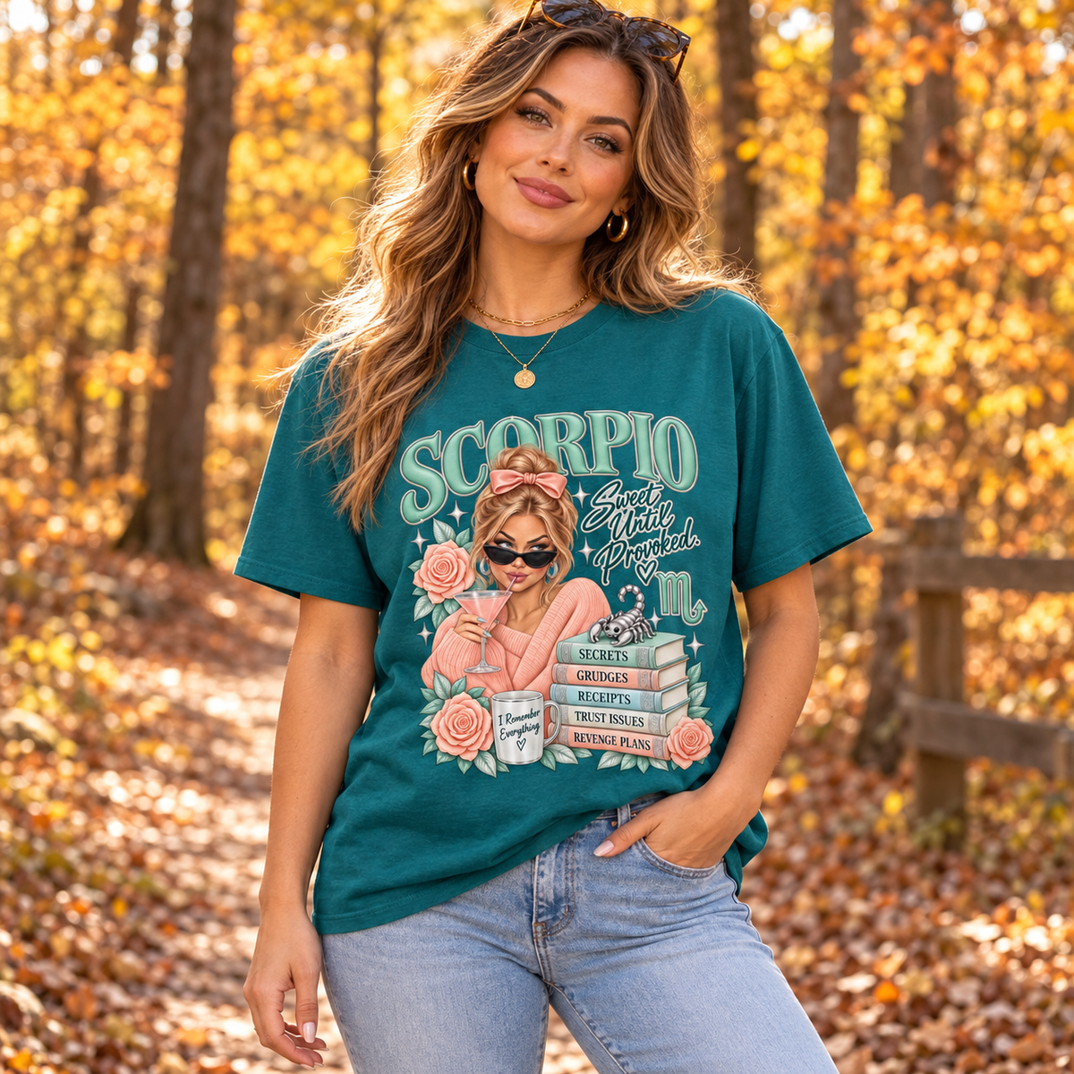 Scorpio Sweet Until Provoked Women's T-Shirt – Light in Jade, model on an autumn woodland path with golden foliage