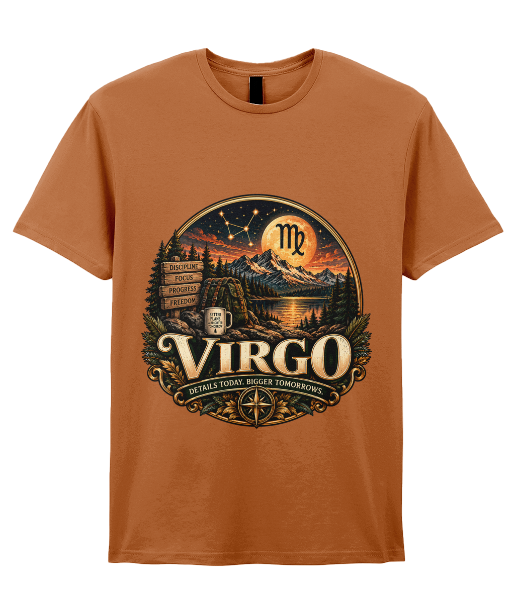 Virgo Wilderness Crest Men's T-Shirt in Fan Texas Orange – front view of the Virgo graphic print