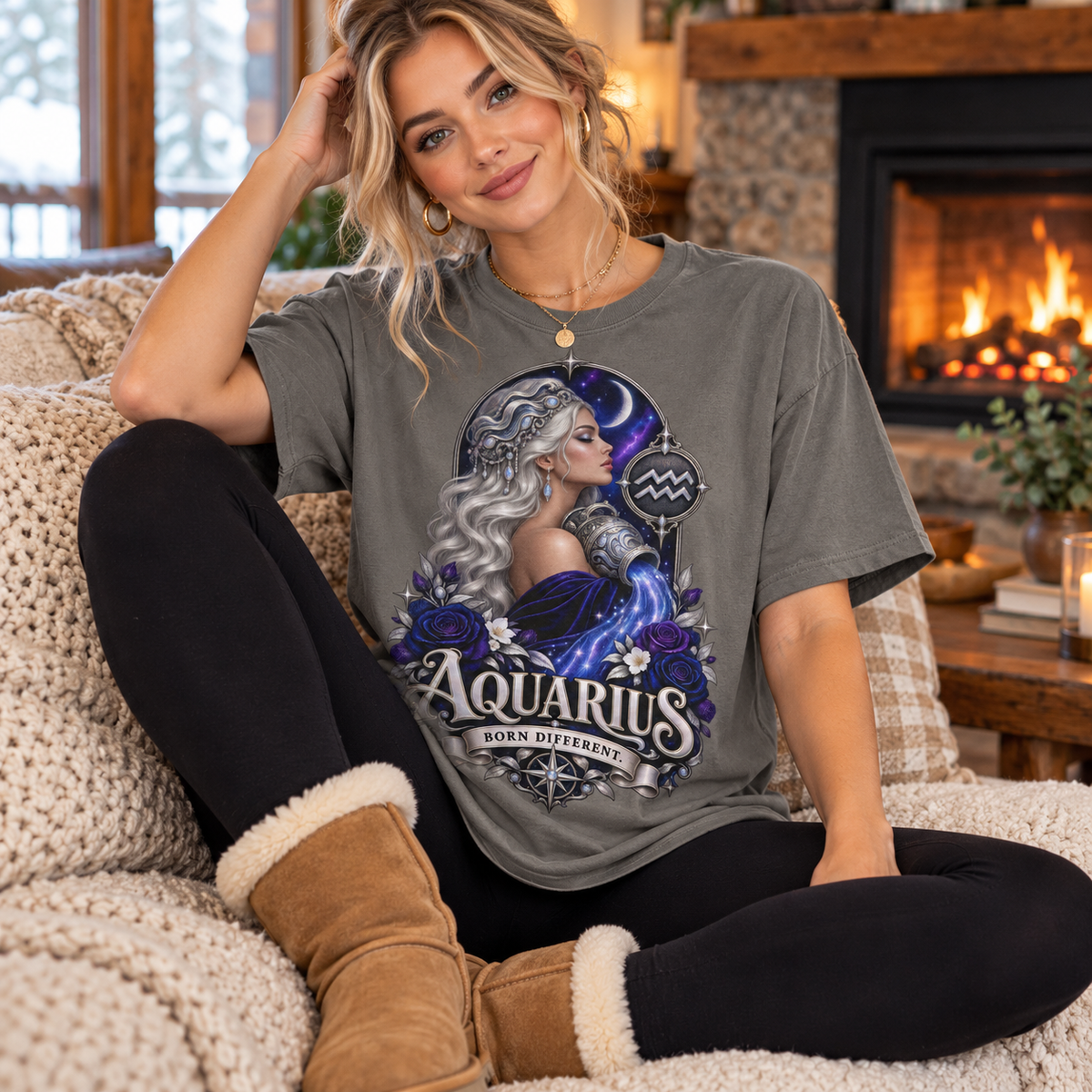 Aquarius Born Different Women's T-Shirt – Dark Colours, model wearing the original design in a seated comfortably on a cottage sofa beside a fireplace indoors.