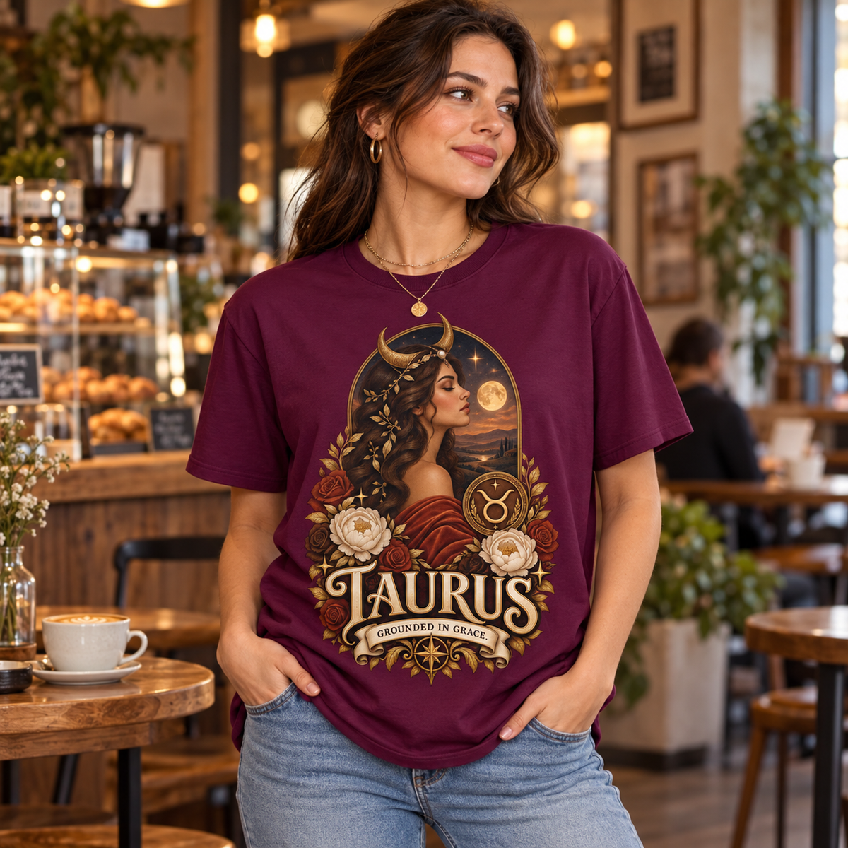 Taurus Grounded in Grace Women's T-Shirt – Dark in Maroon, model inside a warm cafe
