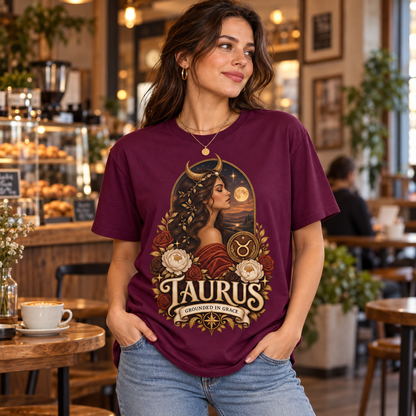 Taurus Grounded in Grace Women's T-Shirt – Dark in Maroon, model inside a warm cafe