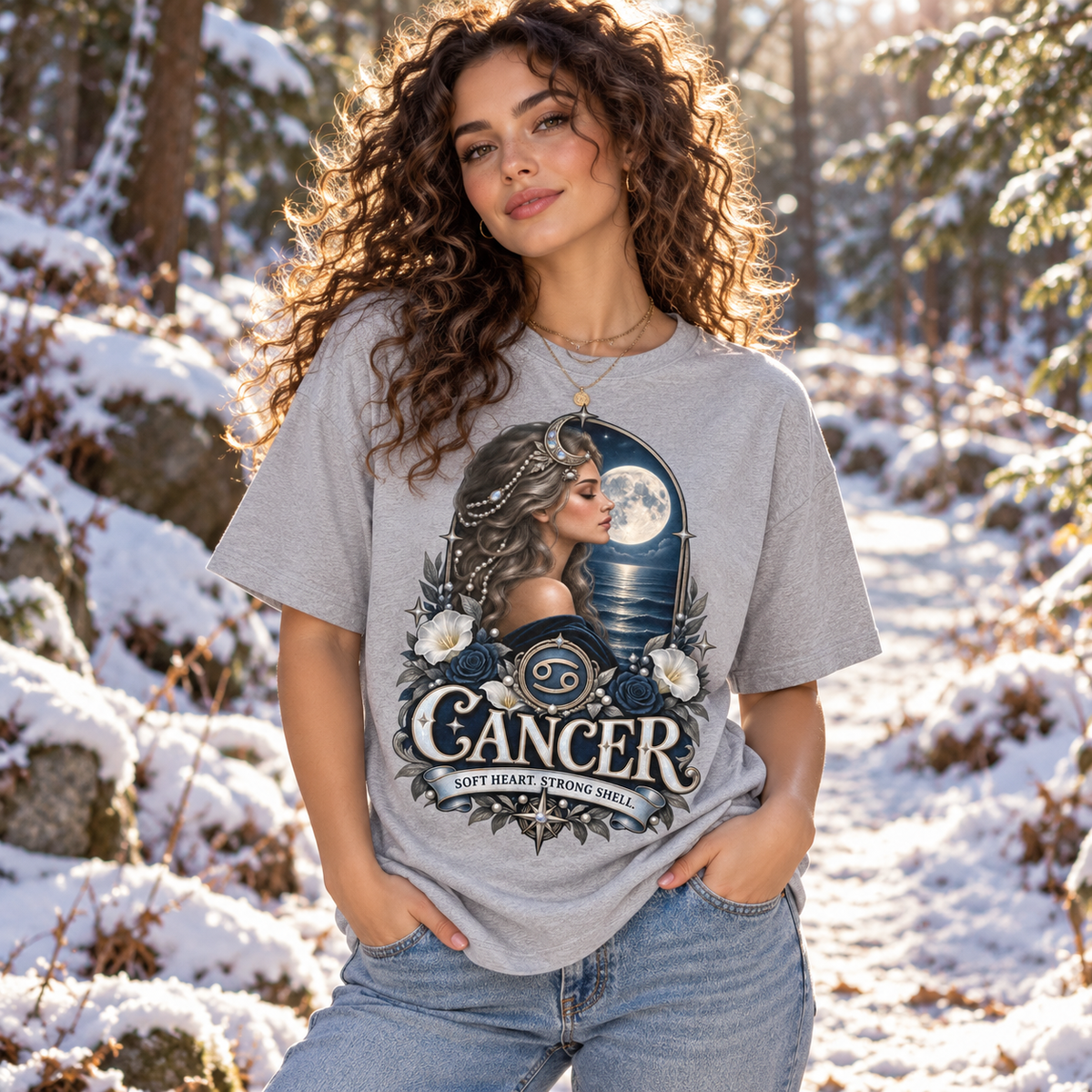 Cancer Soft Heart Strong Shell Women's T-Shirt – Dark in Sports Grey, model outside on a frosty woodland path in crisp winter sunlight