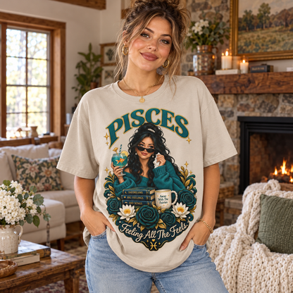 Pisces Feeling All the Feels Women's T-Shirt – Dark in Sand, model inside a cosy cottage living room