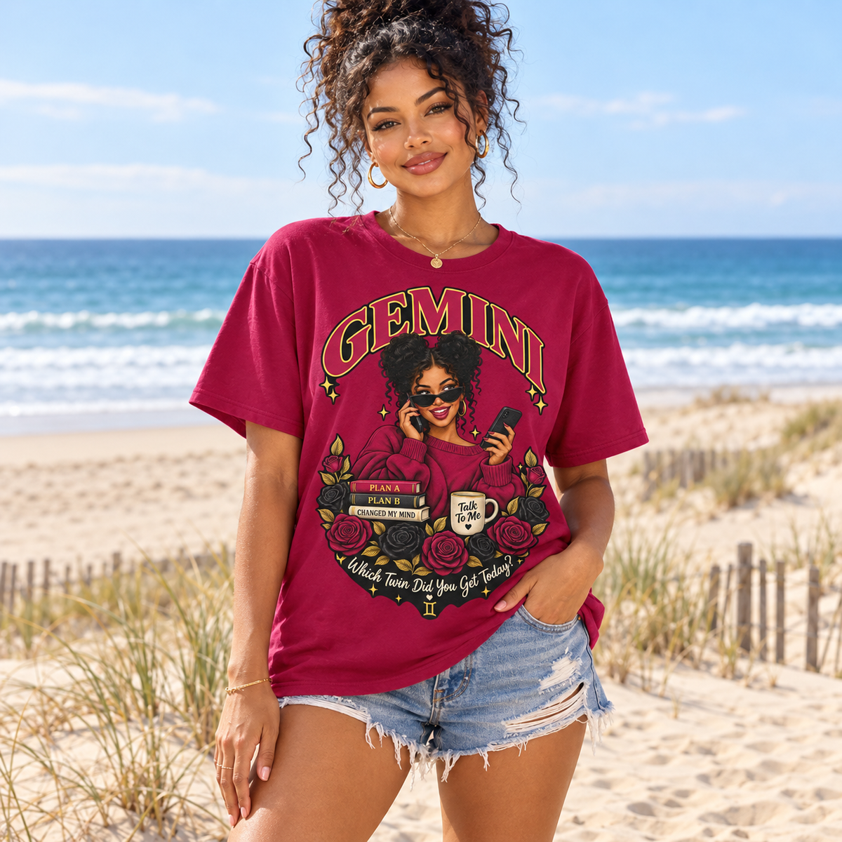 Gemini Which Twin Did You Get Today Women's T-Shirt – Dark in Cardinal Red, model at a sandy beach with sea and dunes
