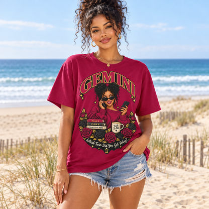 Gemini Which Twin Did You Get Today Women's T-Shirt – Dark in Cardinal Red, model at a sandy beach with sea and dunes