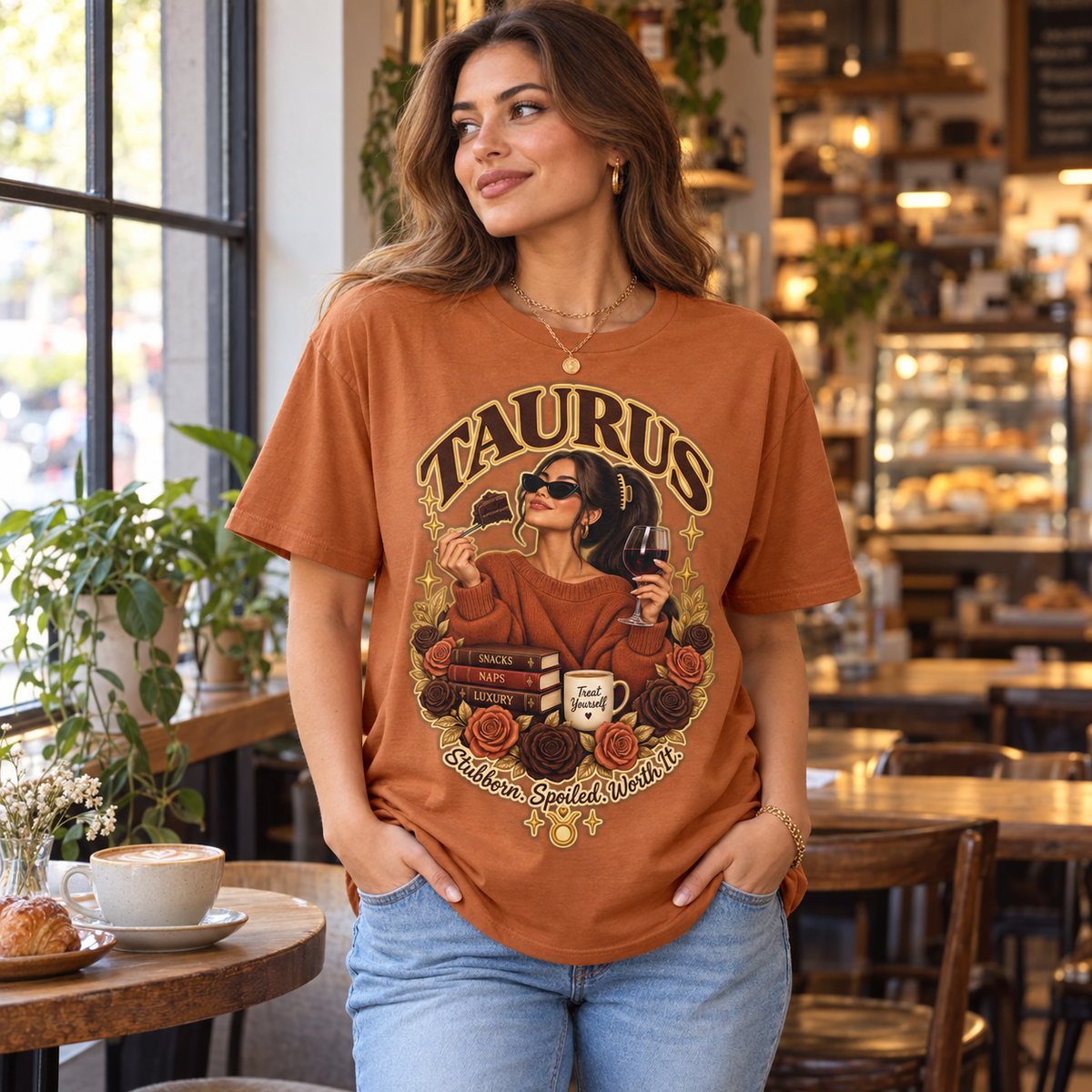 Taurus Stubborn Spoiled Worth It Women's T-Shirt – Dark in Fan Texas Orange, model inside a stylish warm independent cafe beside a window