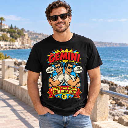 Gemini Two Moods Both Need Beer Men's T-Shirt in Black, model outdoors on a seaside promenade