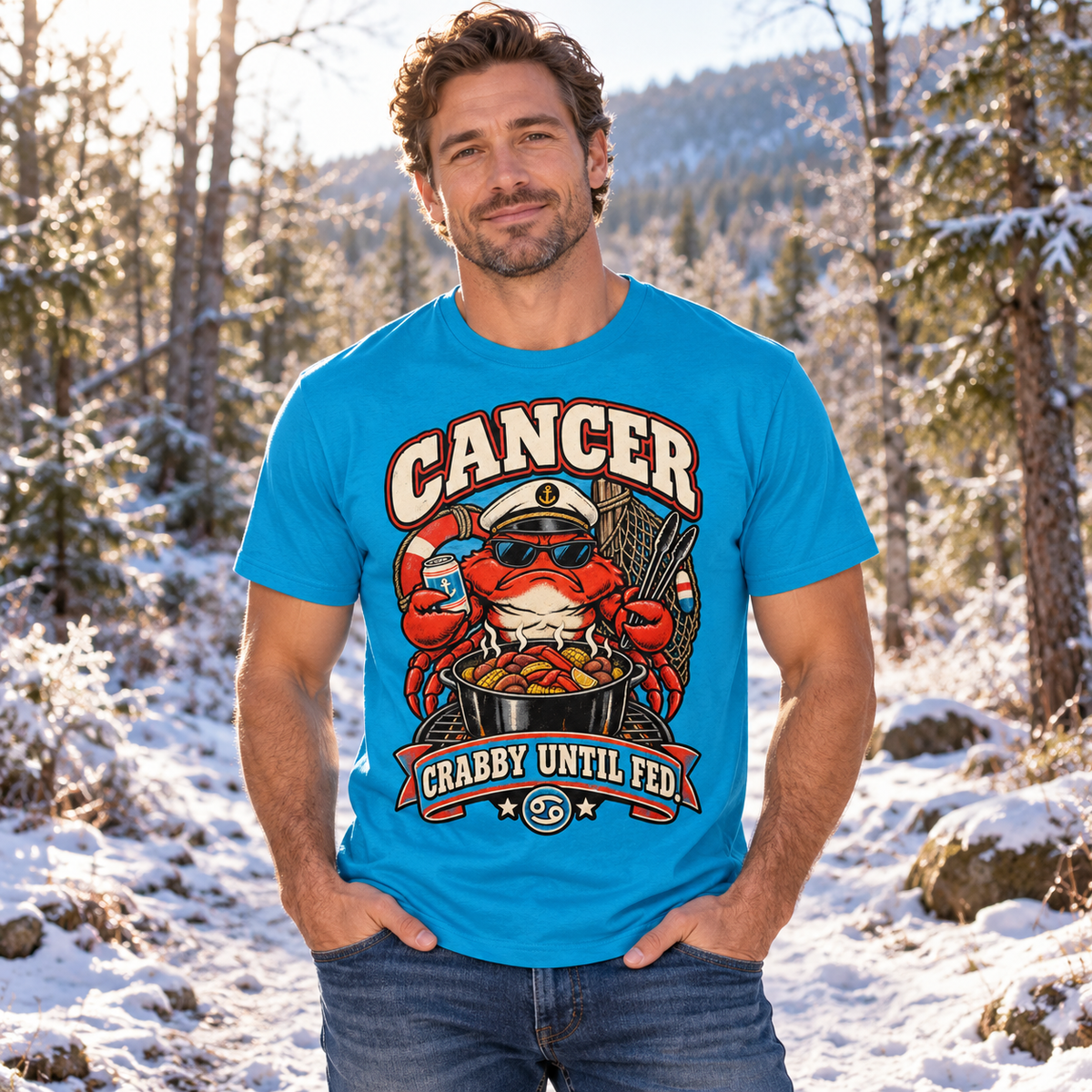 Cancer Crabby Until Fed Men's T-Shirt in Sapphire, model outside on a frosty woodland path in crisp winter sunlight