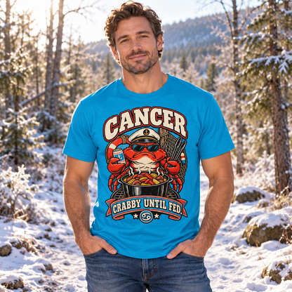 Cancer Crabby Until Fed Men's T-Shirt in Sapphire, model outside on a frosty woodland path in crisp winter sunlight