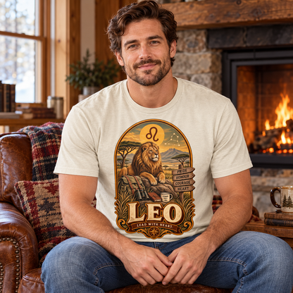 Leo Lead with Heart Men's T-Shirt in Natural, model inside a cosy cottage seated beside a fireplace