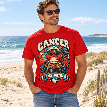 Cancer Crabby Until Fed Men's T-Shirt in Red, model on a beautiful sandy beach with sea and dunes