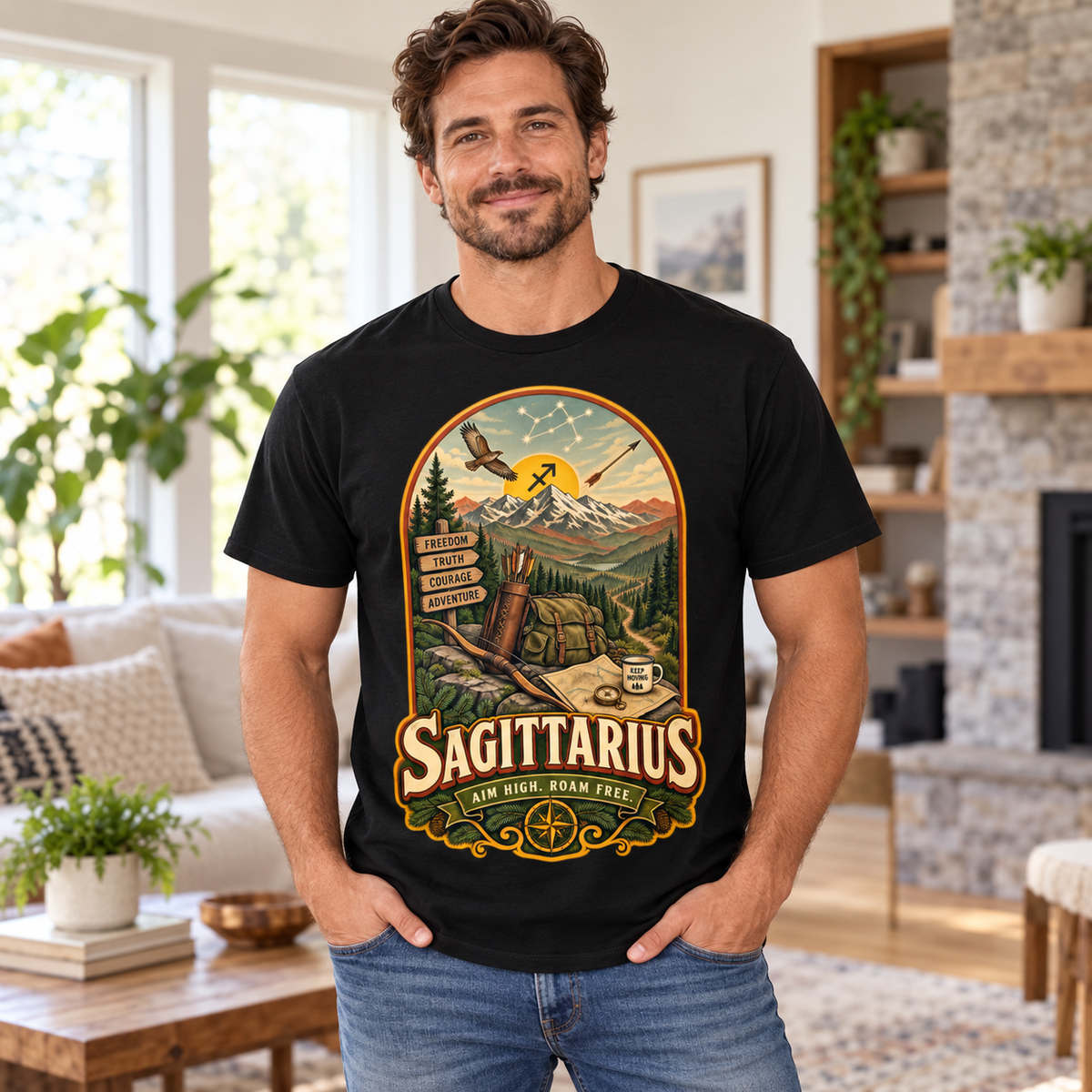 Sagittarius Aim High Roam Free Men's T-Shirt in Black, model indoors in a bright stylish living room