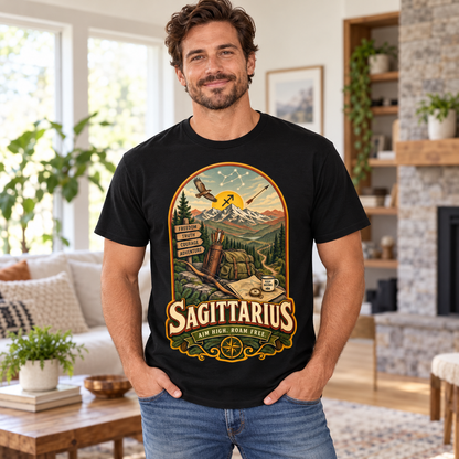 Sagittarius Aim High Roam Free Men's T-Shirt in Black, model indoors in a bright stylish living room