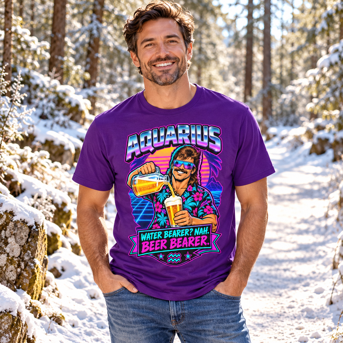 Aquarius Water Bearer? Nah. Beer Bearer Men's T-Shirt, model wearing the original design in a sunny frosty woodland path outdoors.
