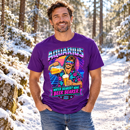 Aquarius Water Bearer? Nah. Beer Bearer Men's T-Shirt, model wearing the original design in a sunny frosty woodland path outdoors.