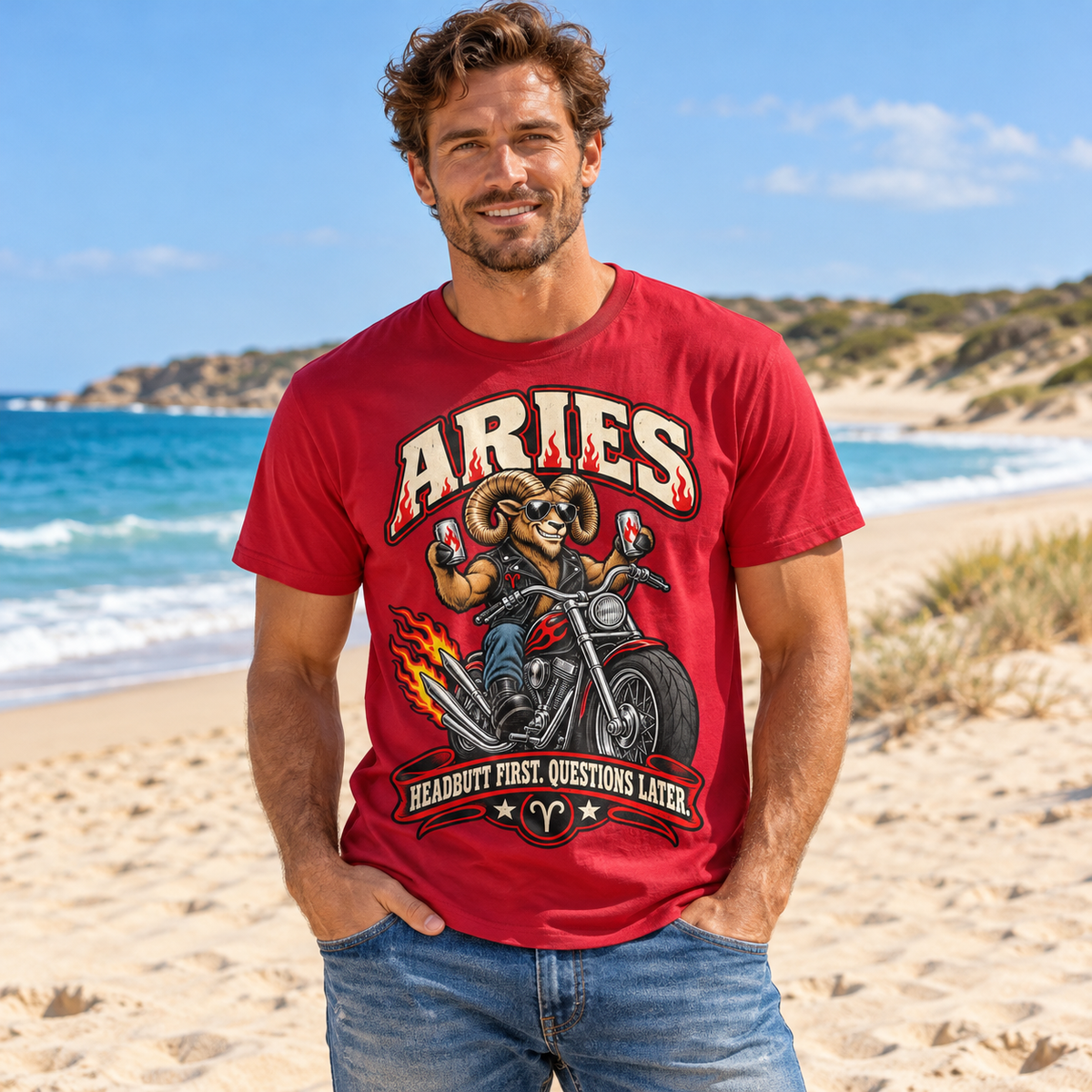 Aries Headbutt First Questions Later Men's T-Shirt, model wearing the original design in a sandy beach beside blue sea and dunes.