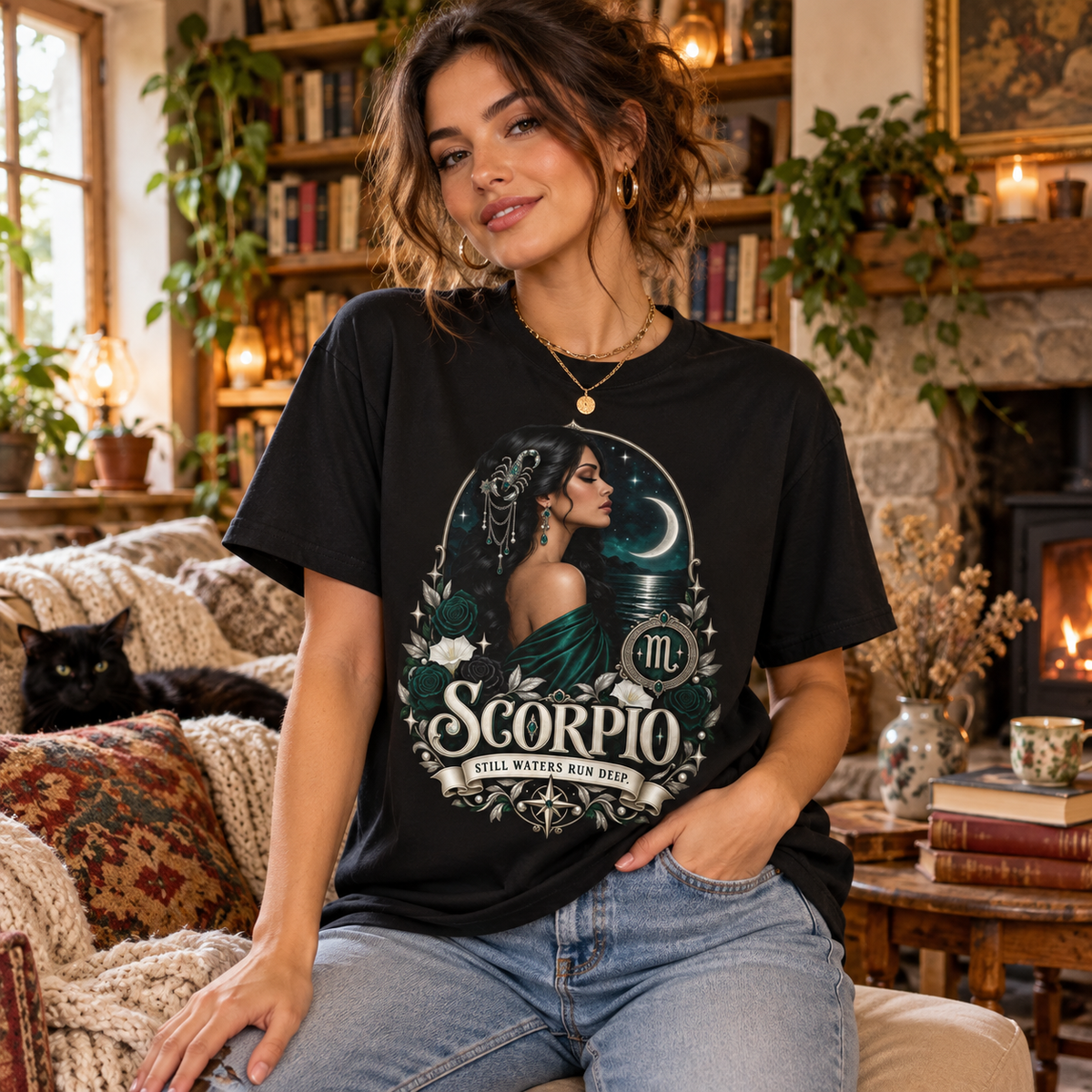Scorpio Still Waters Run Deep Women's T-Shirt – Dark in Black, model inside a cosy book-filled cottage living room