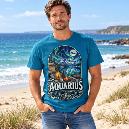 Aquarius Independent Original Free Men's T-Shirt, model wearing the original design in a sandy beach beside blue sea and dunes.