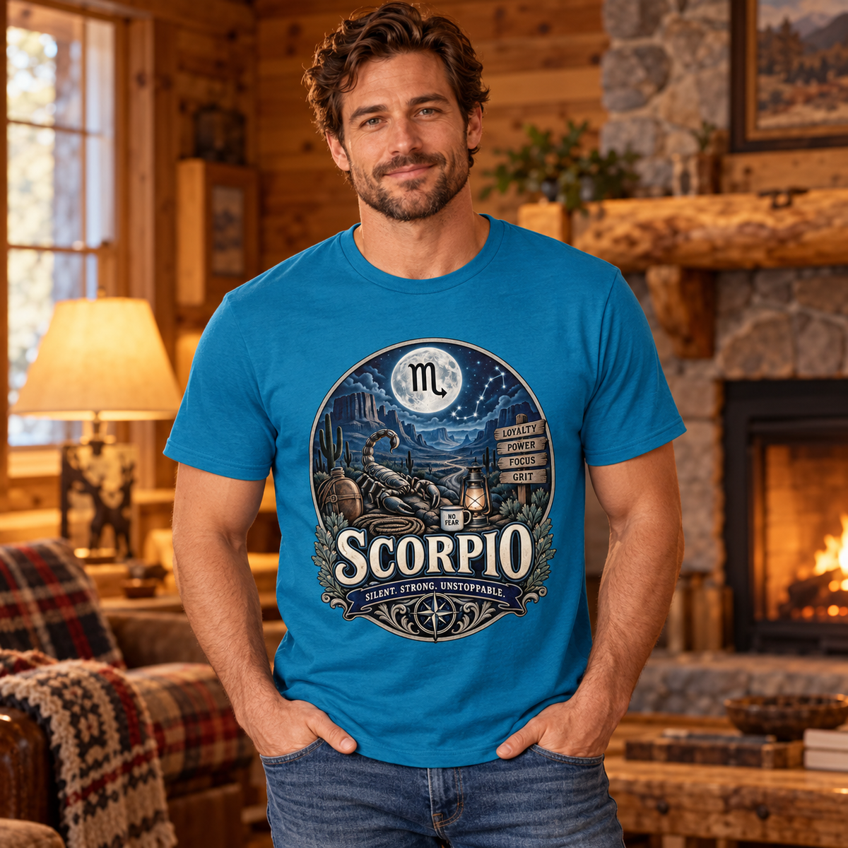 Scorpio Silent Strong Unstoppable Men's T-Shirt in Antique Sapphire, model indoors in a warmly lit rustic cabin