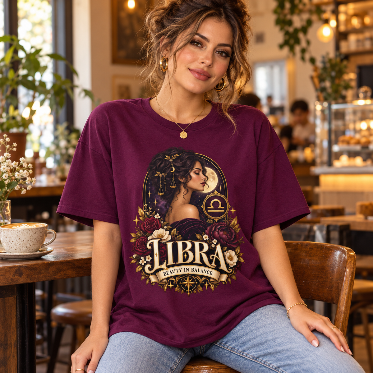 Libra Beauty in Balance Women's T-Shirt – Dark in Maroon, model indoors in a warm stylish cafe
