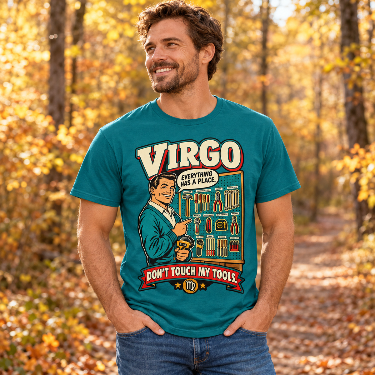 Virgo Don't Touch My Tools Men's T-Shirt in Jade, model on an autumn woodland path