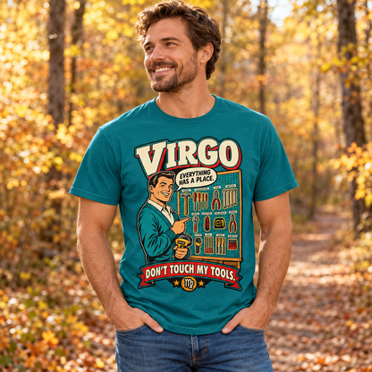 Virgo Don't Touch My Tools Men's T-Shirt in Jade, model on an autumn woodland path