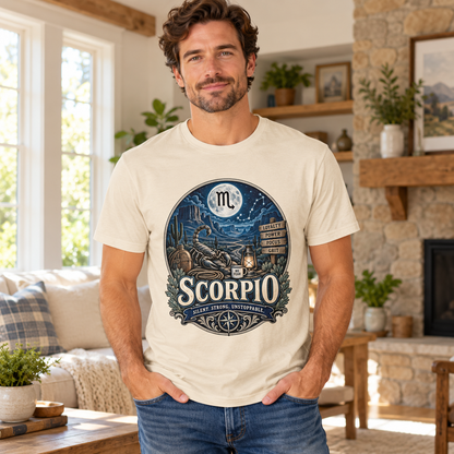 Scorpio Silent Strong Unstoppable Men's T-Shirt in Natural, model indoors in a bright cottage living room