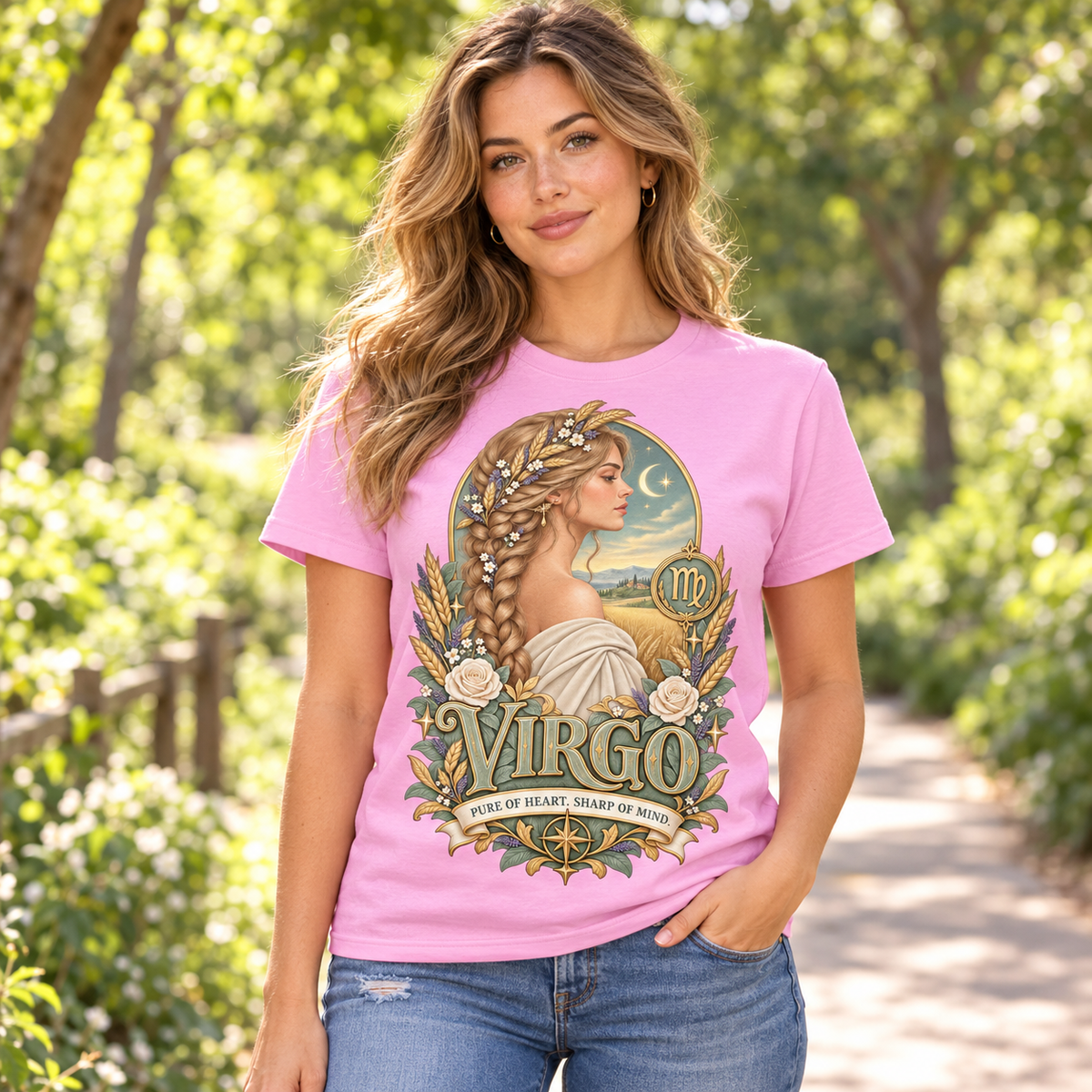 Virgo Pure of Heart Women's T-Shirt – Light in Light Pink, model on an outdoor woodland path