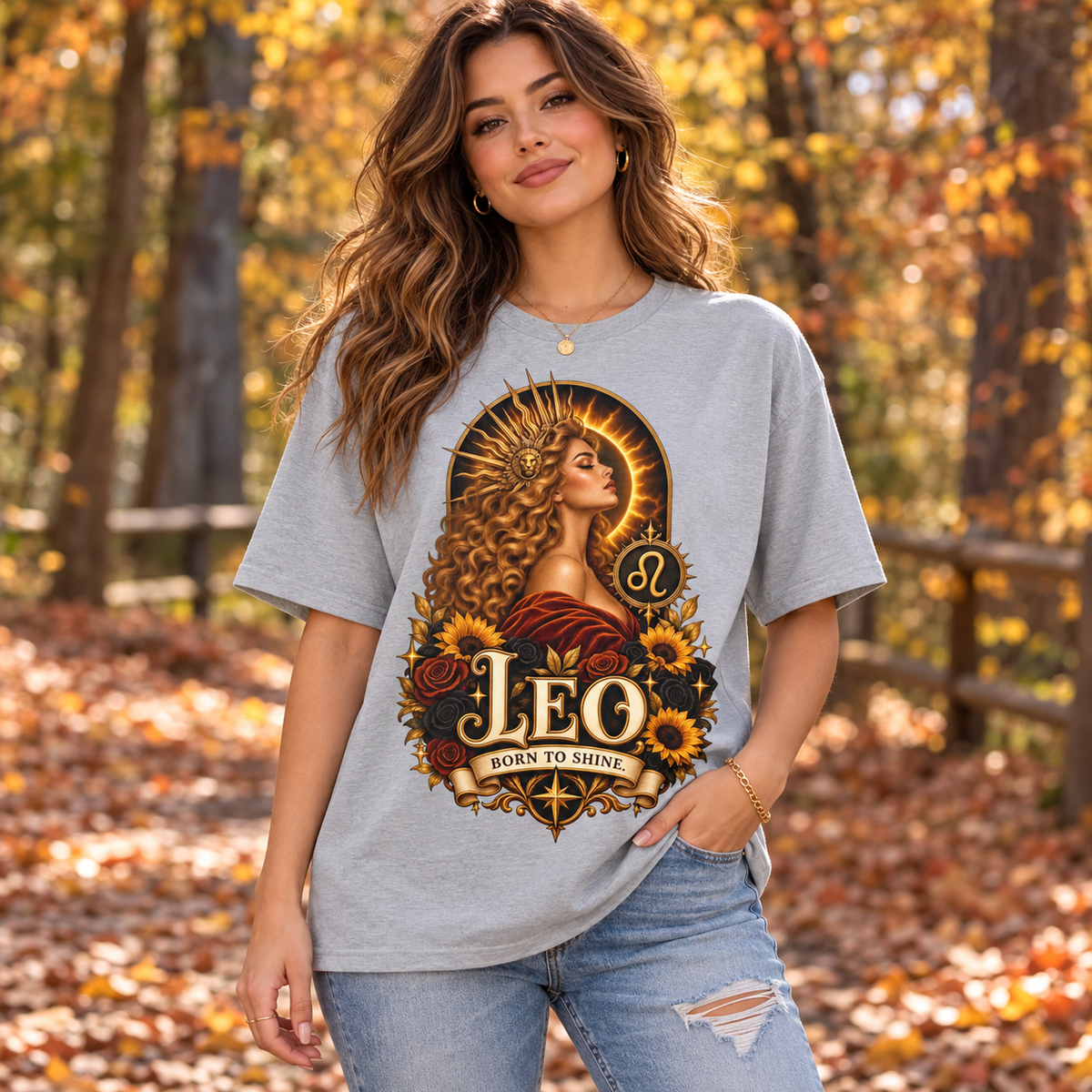 Leo Born to Shine Women's T-Shirt – Dark in Sports Grey, model outdoors in an autumn woodland park