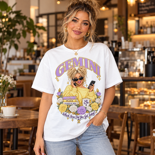 Gemini Which Twin Did You Get Today Women's T-Shirt – Light in White, model indoors in a stylish warm coffee shop