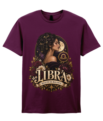 Libra Beauty in Balance Women's T-Shirt – Burgundy in Maroon – front view