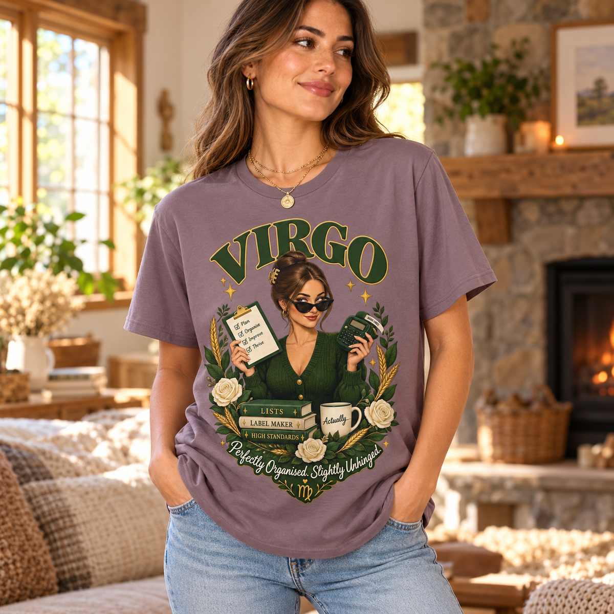 Virgo Perfectly Organised Women's T-Shirt – Forest & Gold in Paragon, model inside a cosy cottage