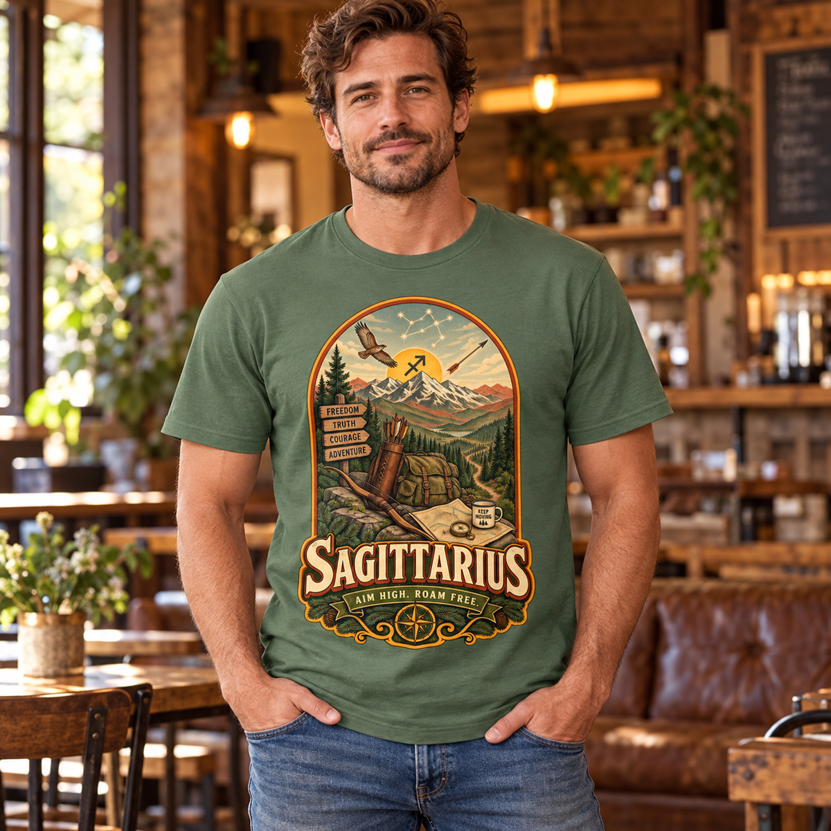 Sagittarius Aim High Roam Free Men's T-Shirt in Military Green, model indoors in a warm rustic cafe