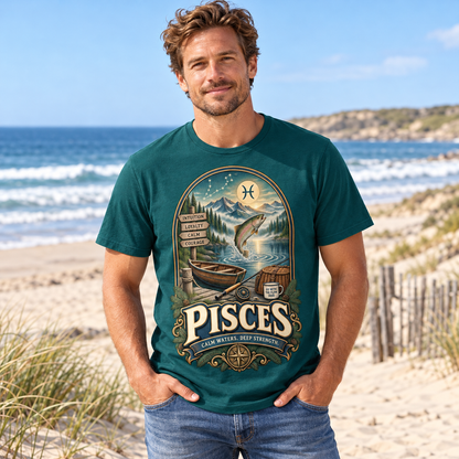 Pisces Calm Waters Deep Strength Men's T-Shirt in Fan Marine Green, model at a sandy beach with sea and dunes