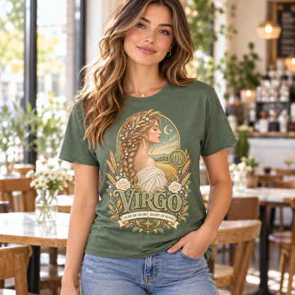 Virgo Pure of Heart Women's T-Shirt – Light in Heather Military Green, model inside a warm cafe