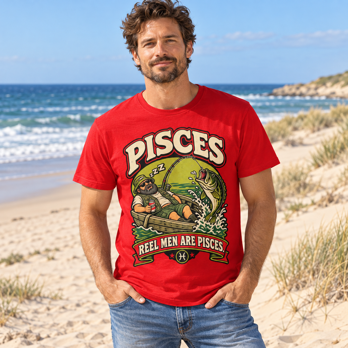 Pisces Reel Men Are Pisces Men's T-Shirt in Red, model at a sandy beach with sea and dunes