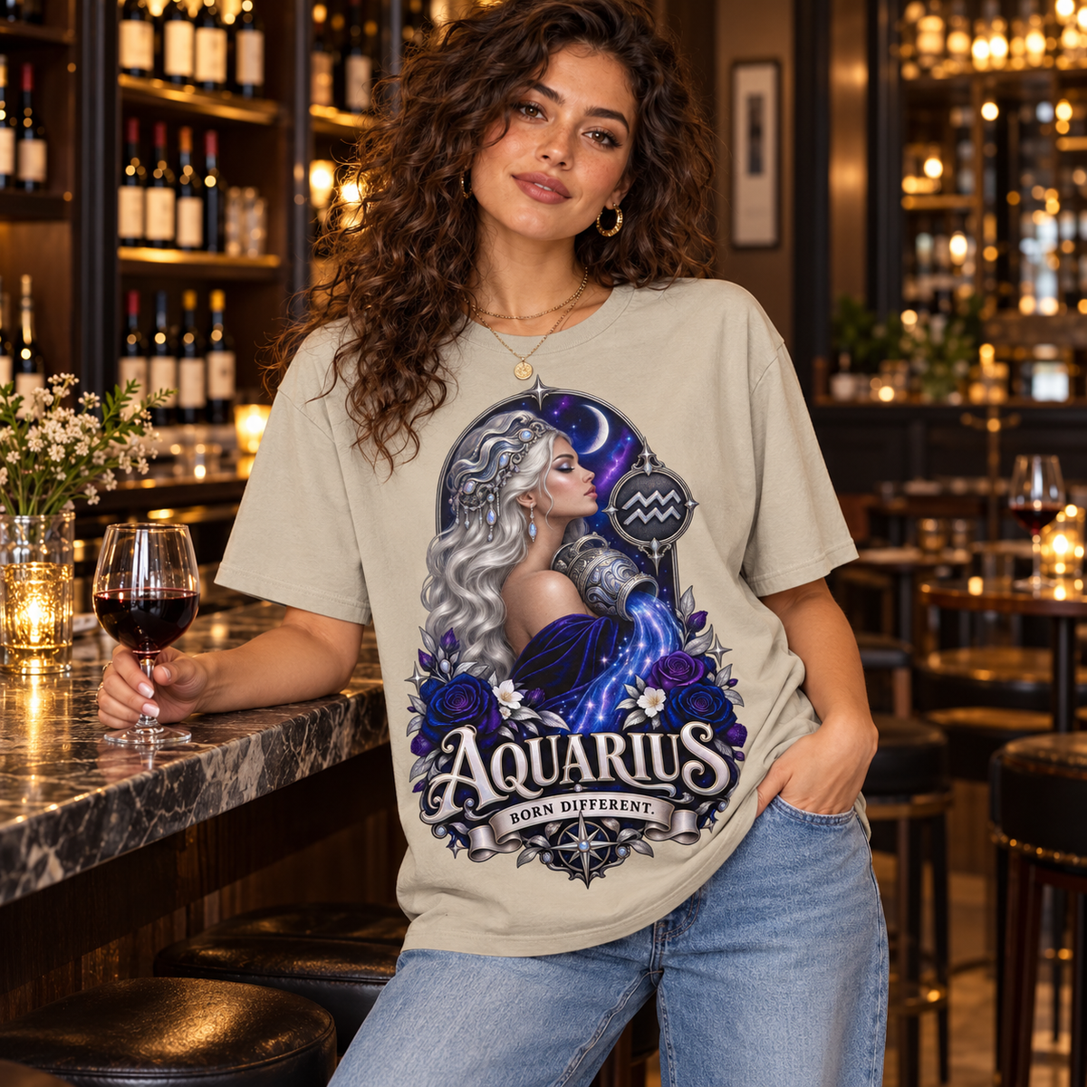 Aquarius Born Different Women's T-Shirt – Dark Colours, model wearing the original design in a classy wine bar indoors.