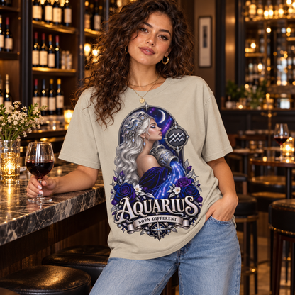 Aquarius Born Different Women's T-Shirt – Dark Colours, model wearing the original design in a classy wine bar indoors.
