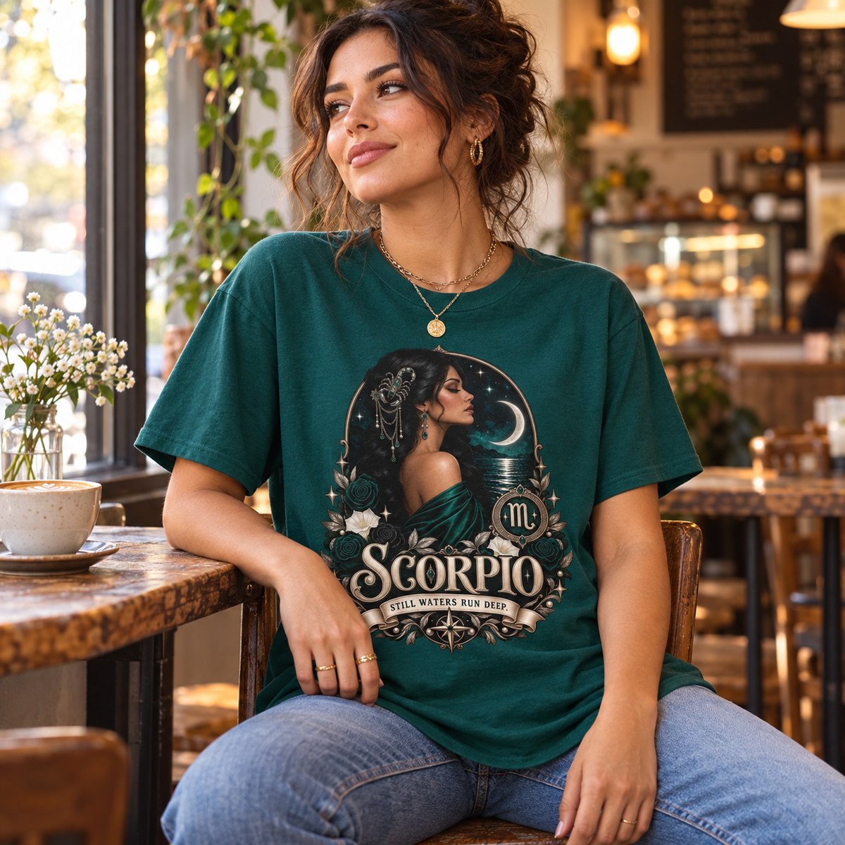 Scorpio Still Waters Run Deep Women's T-Shirt – Dark in Fan Marine Green, model inside a stylish warm independent cafe beside a window